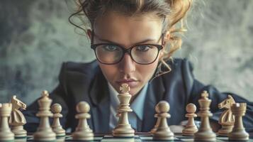 AI generated A businesswoman on a chessboard strategically moving pieces representing corporate decisions photo