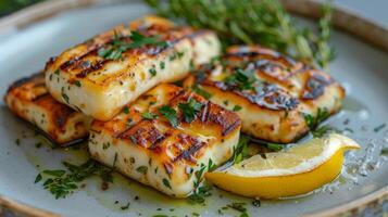 AI generated A plate of grilled halloumi cheese with a lemon wedge and fresh herbs photo