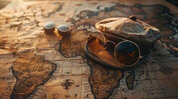 AI generated Pilot's cap and aviator sunglasses atop an old map photo