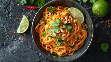 AI generated A bowl of spicy Thai peanut noodles with lime wedge and cilantro photo