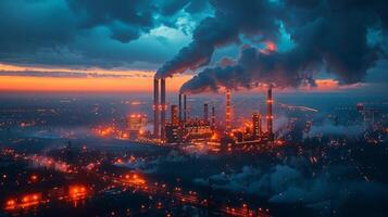 AI generated Industrial scene with nuclear power plant emissions at night photo