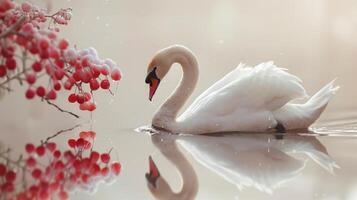 AI generated A swan with feathers that have the smooth, glossy appearance of cherries, gliding on a serene lake, photo