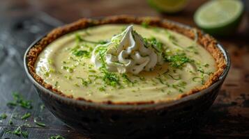 AI generated A bowl of key lime pie with whipped cream and lime zest photo