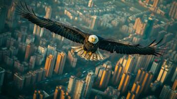 ai generado altísimo águila encima un concurrido ciudad, simbolizando libertad contra confinamiento foto