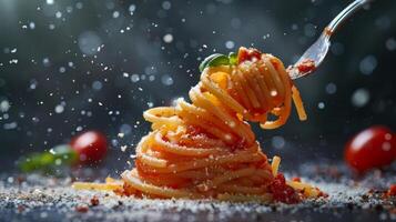 AI generated A tornado of pasta being twirled on a fork with tomato sauce splashing photo
