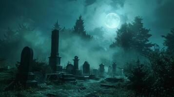 AI generated Moonlit graveyard with fog and ancient tombstones photo