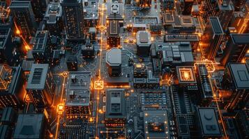 AI generated An aerial view of a smart city empowered by decentralized manufacturing and cutting-edge infrastructure photo