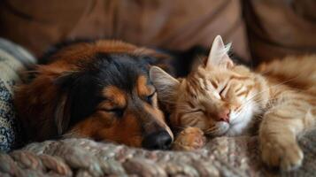 AI generated Dog and cat snuggled up together, sleeping peacefully on a cozy couch photo