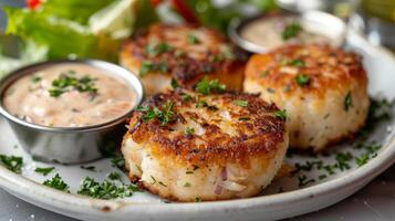 AI generated A plate of Maryland crab cakes with a side of remoulade sauce photo