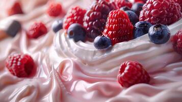AI generated A whirlpool of yogurt with a cascade of mixed berries tumbling in photo