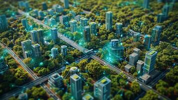 AI generated An aerial view of a smart city empowered by decentralized manufacturing and cutting-edge infrastructure photo