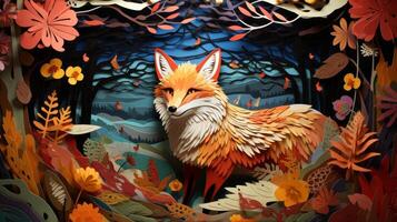 AI generated Paper cut fox in a vibrant forest, bright colors, detailed textures photo