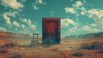 AI generated A single chair facing a large, ominous door in a vast desert photo
