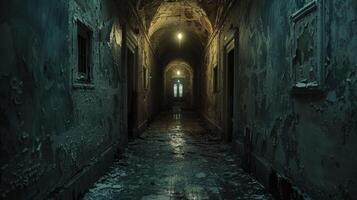 AI generated Flickering lights in a dilapidated corridor of an ancient mansion photo