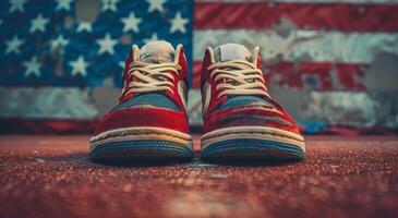 ai generado rojo conversar zapatillas en de madera piso foto