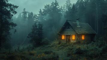 AI generated Cabin in the Woods With a Light On photo