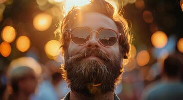 ai generado hombre con barba vistiendo Gafas de sol a música festival foto