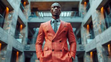 AI generated Man in Orange Suit Standing in Building photo