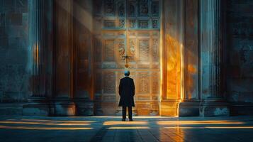 AI generated Man Standing in Front of Wooden Door photo