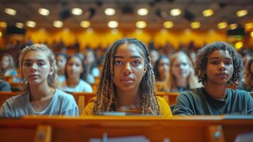 ai generado multitud de personas sentado en frente de etapa foto