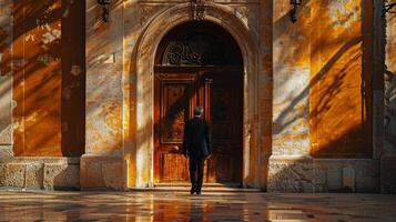 AI generated Man Standing in Front of Wooden Door photo