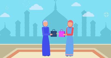 Happy Ramadan, Mubarak, and two women sharing gifts. Ramadan Kareem welcome video