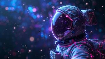 AI generated Futuristic astronaut figure shaped by blue and purple light lines, dark setting photo