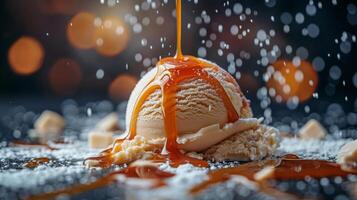 AI generated A stream of molten caramel pouring over a scoop of vanilla ice cream photo