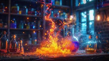 AI generated A magical potion lab explosion, vibrant cartoon 3D photo