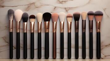 AI generated High-end makeup brush collection on a polished surface, symbolizing sophistication photo