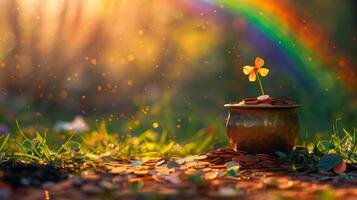 AI generated A pot of coins at the end of a rainbow, connecting nature and financial success. photo