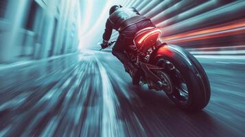 AI generated Motorcycle swiftly overtaking, with rear curtain sync creating extended motion lines, editorial image photo