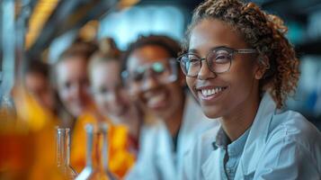 AI generated Women in Yellow Lab Coats Conducting Experiments in Laboratory photo