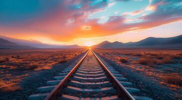 AI generated Train Track With Sunset Background photo