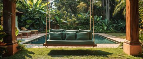AI generated Porch Swing With Green Pillow photo