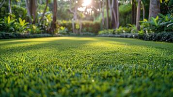 AI generated Vibrant Green Field With Flowers and Trees photo