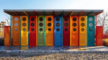 AI generated Row of Brightly Colored Wooden Fences Next to Tree photo