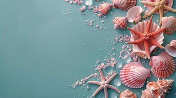 AI generated Sea Shells and Starfish on a Blue Background photo