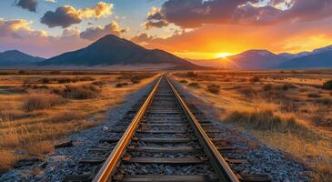 AI generated Train Track With Sunset Background photo