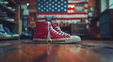 ai generado rojo conversar zapatillas en de madera piso foto