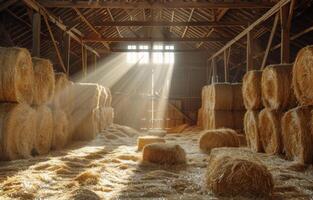 ai generado granero interior con heno fardos y luz de sol foto