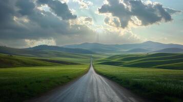 AI generated Dirt Road Crossing Lush Green Field photo