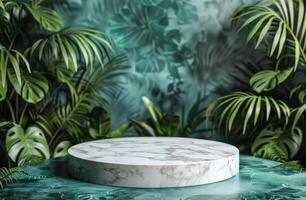 AI generated Round Marble Table Surrounded by Tropical Leaves photo