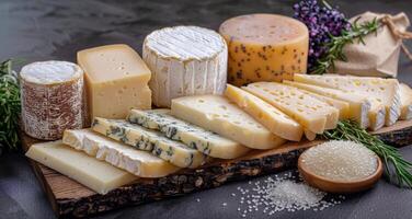 AI generated Assorted Cheese Selection on Wooden Board photo