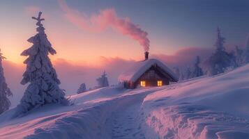 AI generated Small Cabin Amid Snowy Mountain photo