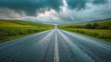 AI generated Dirt Road Cutting Through Lush Green Field photo