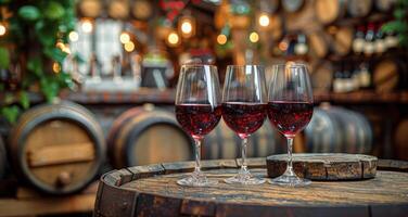 ai generado Tres lentes de vino en de madera mesa foto