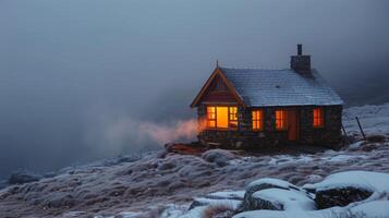 AI generated Small Cabin Amid Snowy Mountain photo