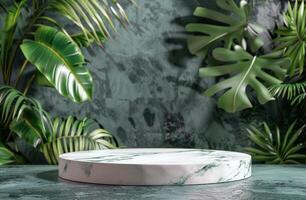 AI generated Round Marble Table Surrounded by Tropical Leaves photo