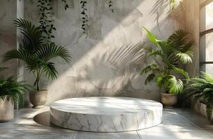 AI generated White Marble Table Surrounded by Greenery photo
